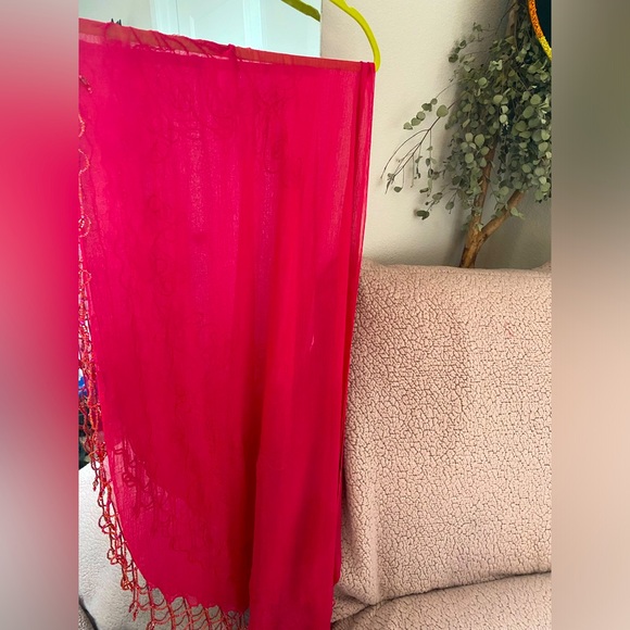 Sheer Hot Pink Scarf with Embroidery & Beaded Trim - Picture 1 of 4